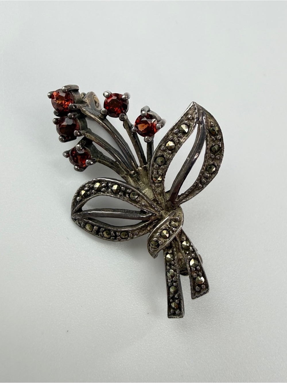 Vintage Sterling Silver 925 Garnet Marcasite Flower Bouquet Pin Brooch Art Deco